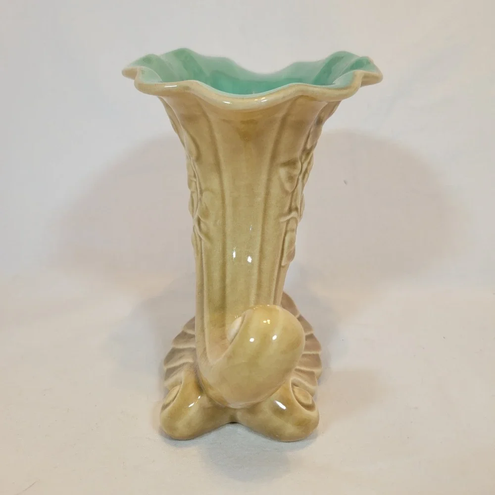 VTG Red Wing Pottery #1097 Cornucopia Ceramic Vase Tan Turquoise MCM‎ 1950s